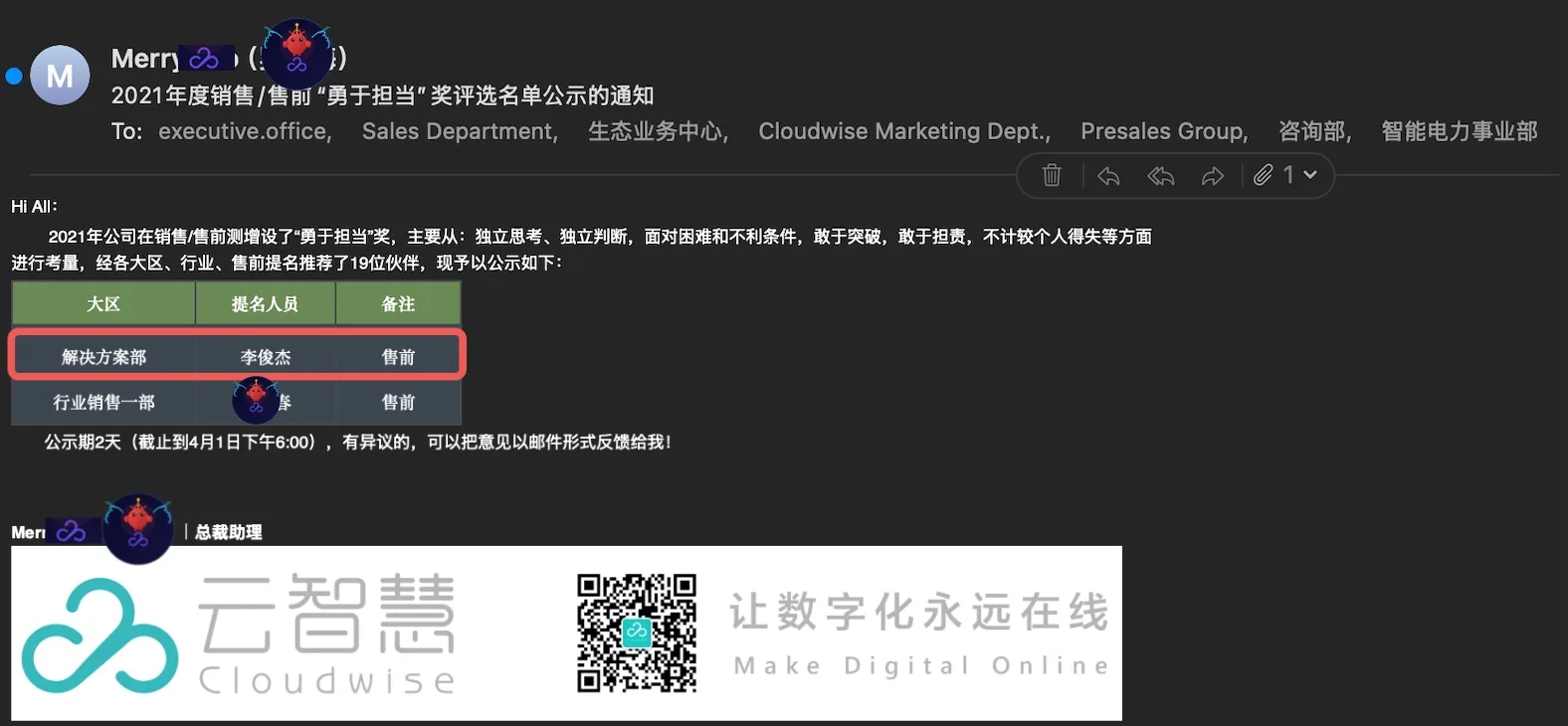 售前勇于担当奖